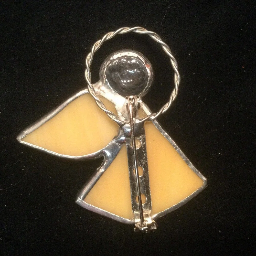 VTG Slag Glass Cream Angel Brooch Pin Silver Tone Christmas Holiday Halo 2”